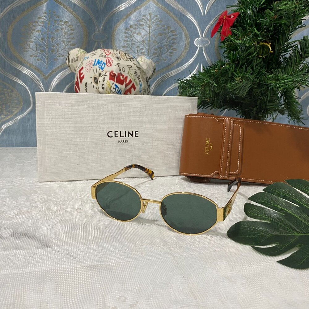 Celine Sunglasses with Gold Frame and Green Lenses